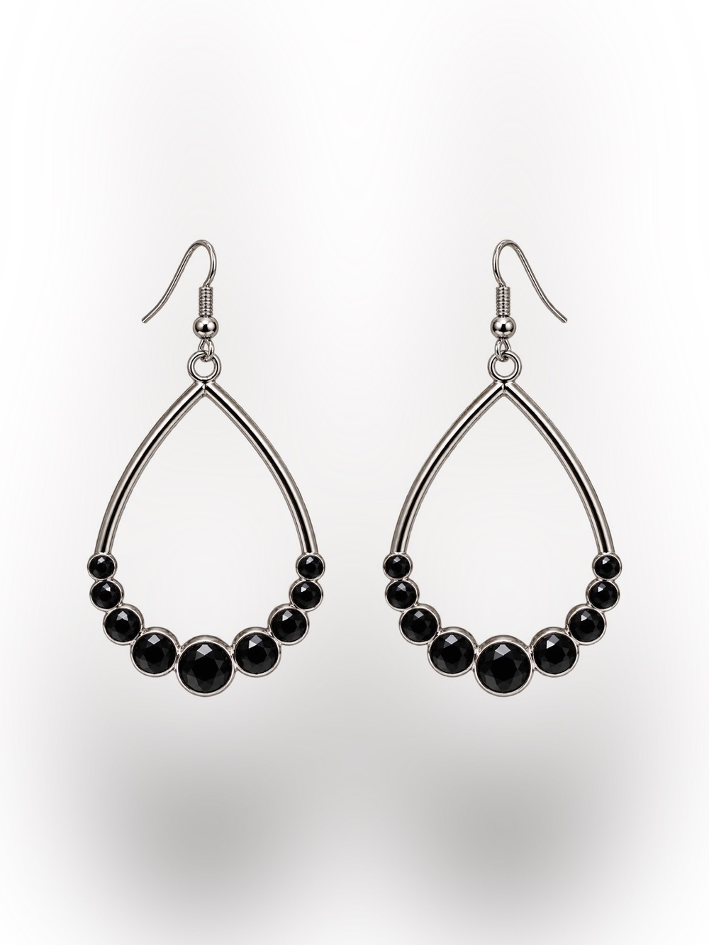 Classic Silver-Tone Hoop Earrings with Black Gem Accents